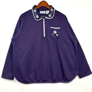 VTG Jaclyn Smith Sport XL Purple Embroidered Floral 1/4 Zip Top Grandma Cute 90s